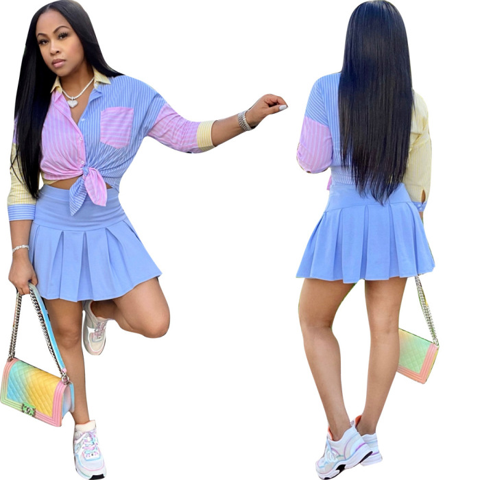 Hot Sale Summer Colorblock Shirts Pleated Skirt Two Pieces Outfit Light Blue S-XL