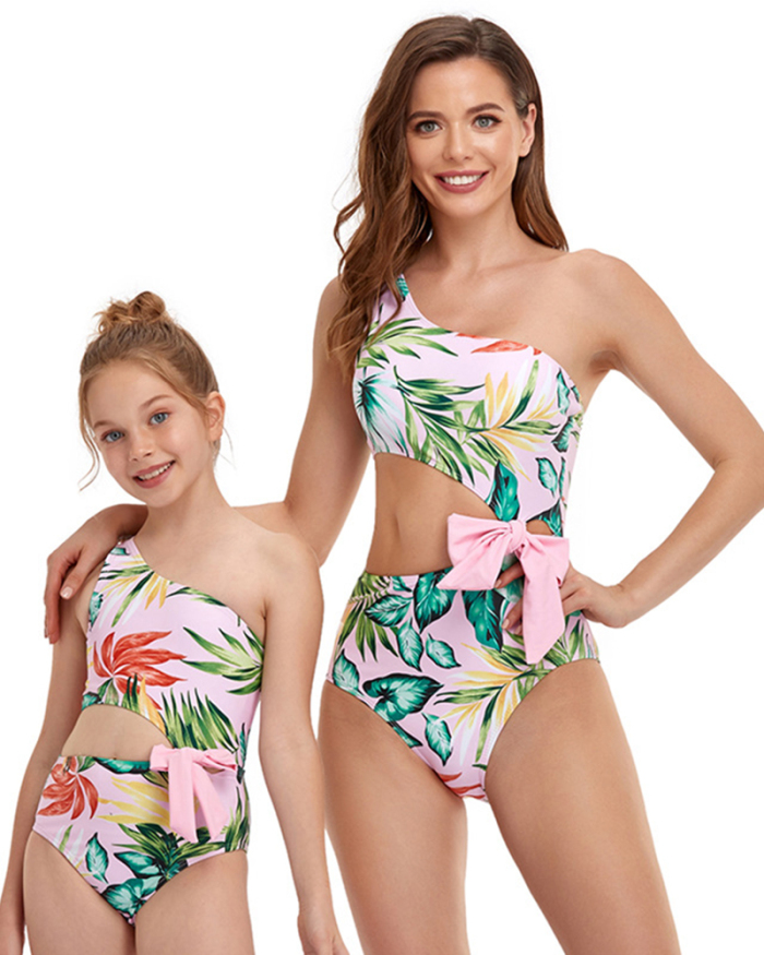 Newest Bow Slash Neck Parent & Child Bathing Suit One Piece Swimsuit (Mom&Daughter) Black Pink Red S-2XL 104-164