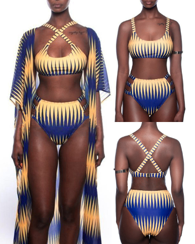 3 Piece Set Women Printed Swimwear Include Beach Dress