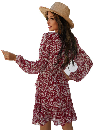Hot Sale Summer Beautiful O-neck Long Sleeve Midi Floral Dresses Pink Red Green Black Blue S-XL