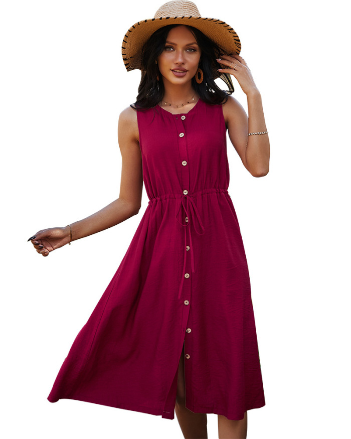 Women Sleeveless O-Neck Solid Color Button Midi Dresses Pink Yellow Red Black Navy Blue S-XL