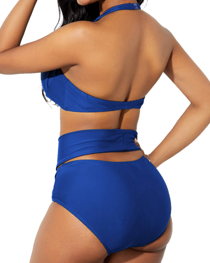 High Waist Solid Color Neck Front Cross Two-piece Swimsuit