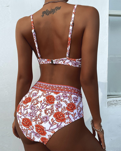 Women Sexy Retro Floral Halter Two-piece Swimsuit