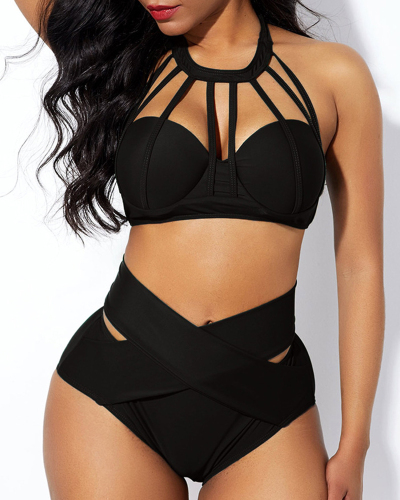 High Waist Solid Color Neck Front Cross Two-piece Swimsuit