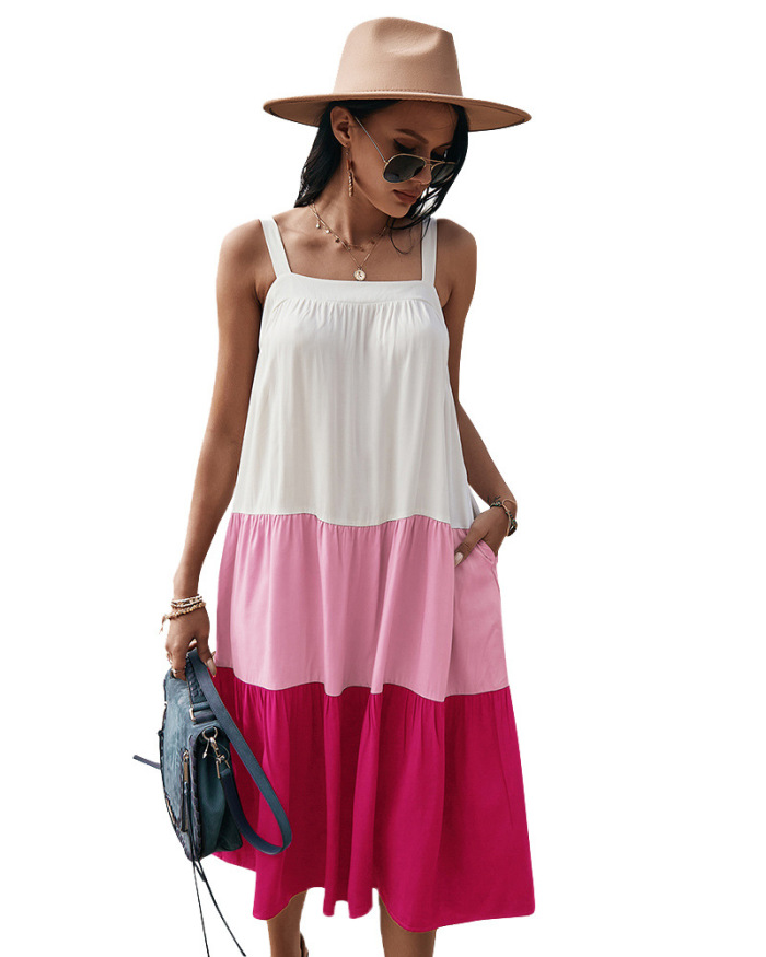 Women Summer Hot Sale Square Collar Colorblock Sleeveless Maxi Casual Dresses Pink Blue Navy Blue Green S-XL