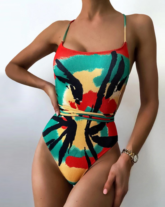 Lady Strappy Backless One Piece Swimwear Red Blue S-L 