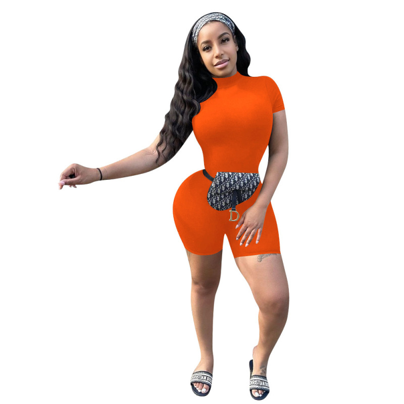 Solid Color Short Sleeve Tight Jumpsuit With Round Neck