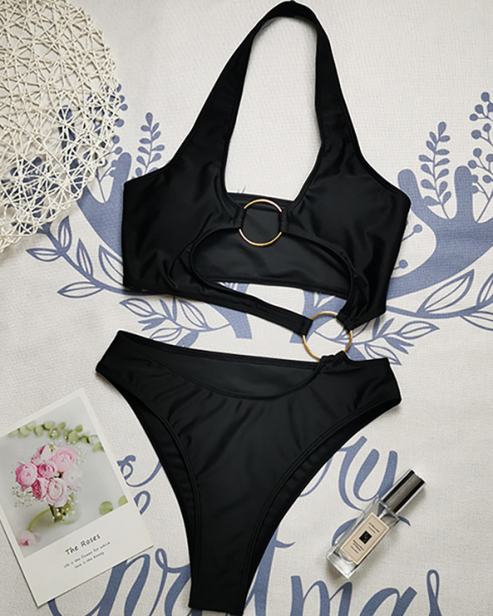 Woman's Solid Color High Cut Hatler Neck Two-piece Swimsuit Sexy Swimwear Black Silver Black S-L