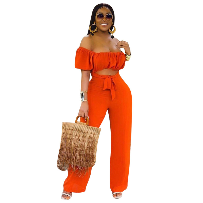 Women Off Shoulder Solid Color Hollow Out Wide Leg Jumpsuits Black Orange S-2XL