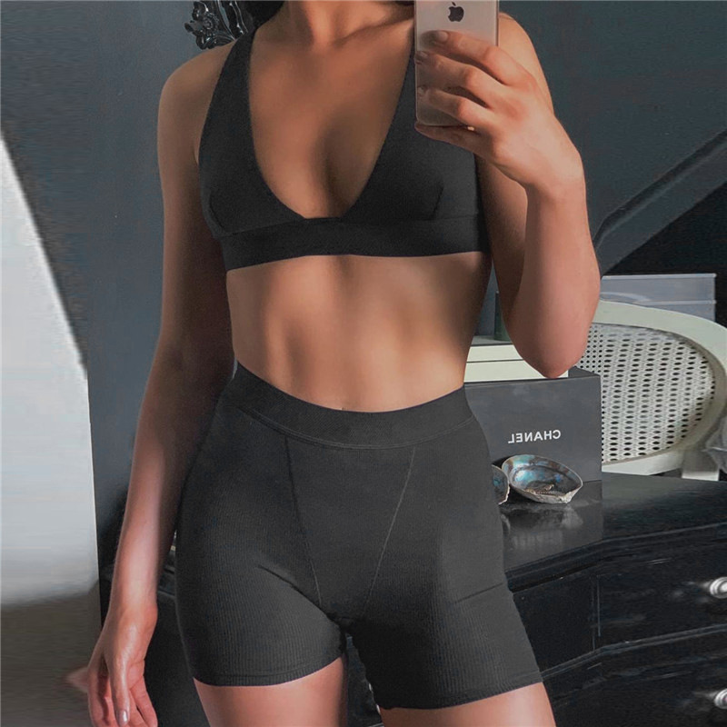 Lady Solid Color Plunge Deep V Two Piece Set S-XL