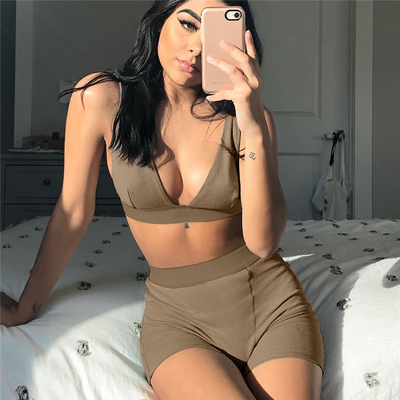 Lady Solid Color Plunge Deep V Two Piece Set S-XL