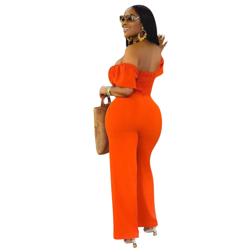Women Off Shoulder Solid Color Hollow Out Wide Leg Jumpsuits Black Orange S-2XL
