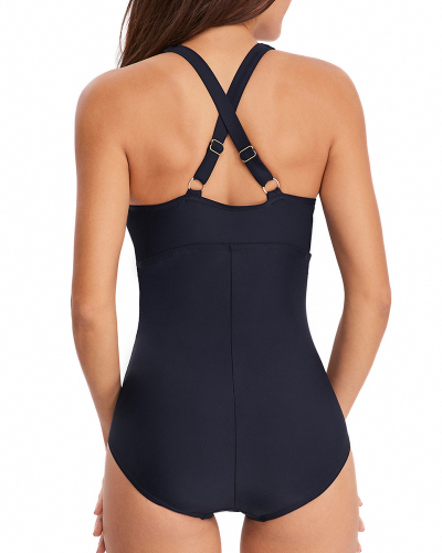 Lady Fashion Cross Solid Color One Piece Swimsuit S-XXL