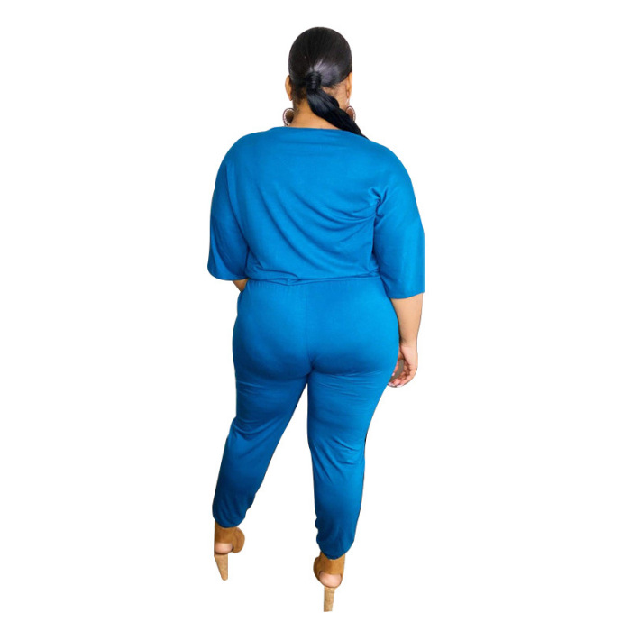 Hot Sale Casual Wear Solid Color Loose Half Sleeve Women Plus Size Jumpsuit Black Grey Blue Navy Blue Deep Green XL-5XL