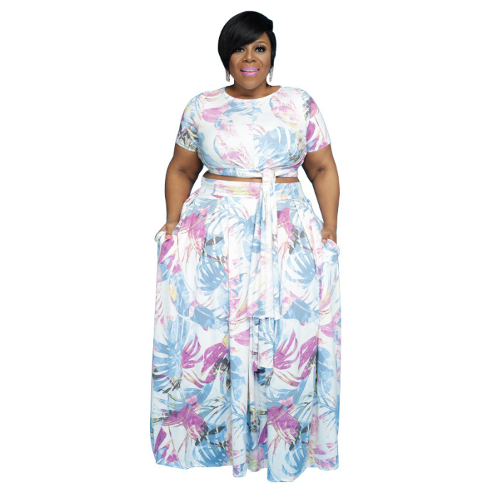 Women Florals Show Waist  Short Sleeve Plus Size Two Piece Sets With Pocket XL-5XL