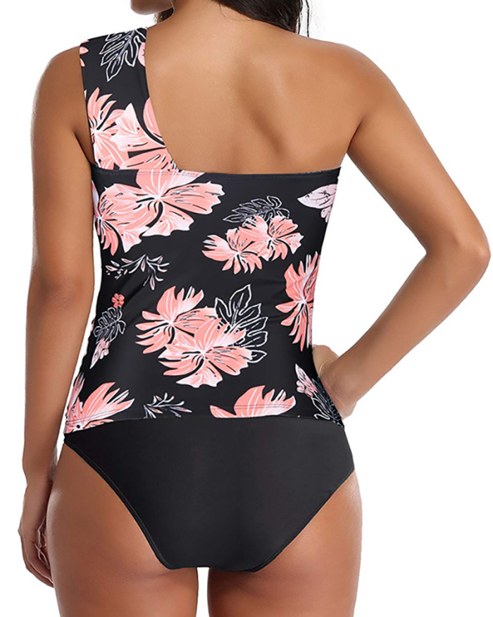 Lady Fashion Florals One Shoulder Two-piece Swimsuit S-XXL