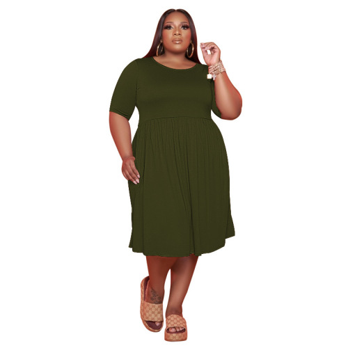 Solid Color Short Sleeve Wide Women Plus Size Dresses Black Army Green Coffee XL-5XL