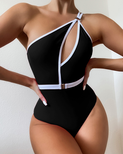 One Shoulder Women Solid Color One Piece Swimsuit S-L