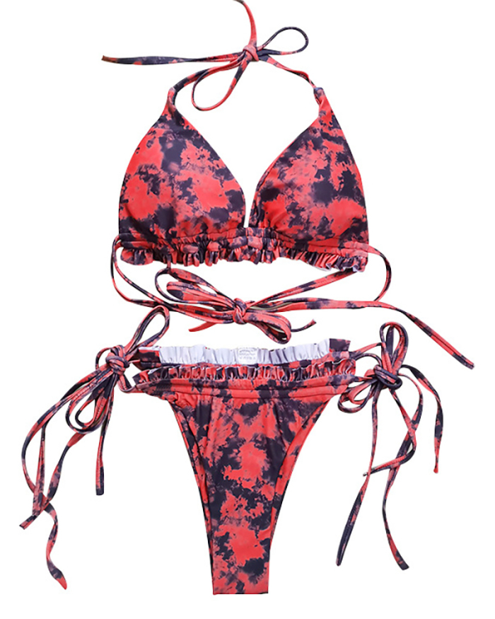 Women Sexy Ruffle Backless Tie-dye Tie Side String Two-piece Swimsuit Pink Red S-L