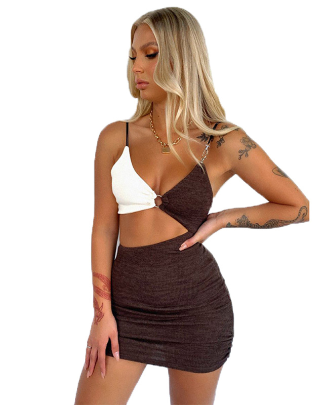 Sexy Lace Drawing Pleats Crop Midriff Color Collision Short Dress
