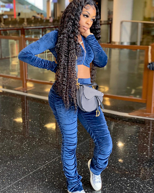 Autumn Zipper Crop Tops Wrinkles Pants Two-piece