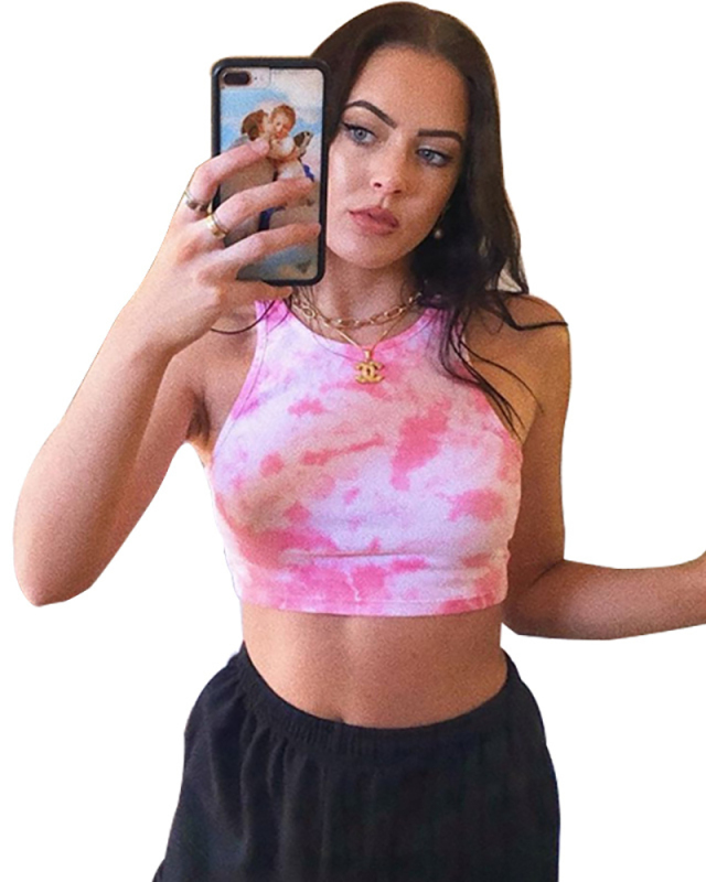 Tie Dye Navel Exposing Sexy Bottom Knit Halter Vest