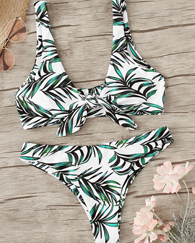 Lady Sexy Knotted Leaf Print Two-piece Swimsuit S-L