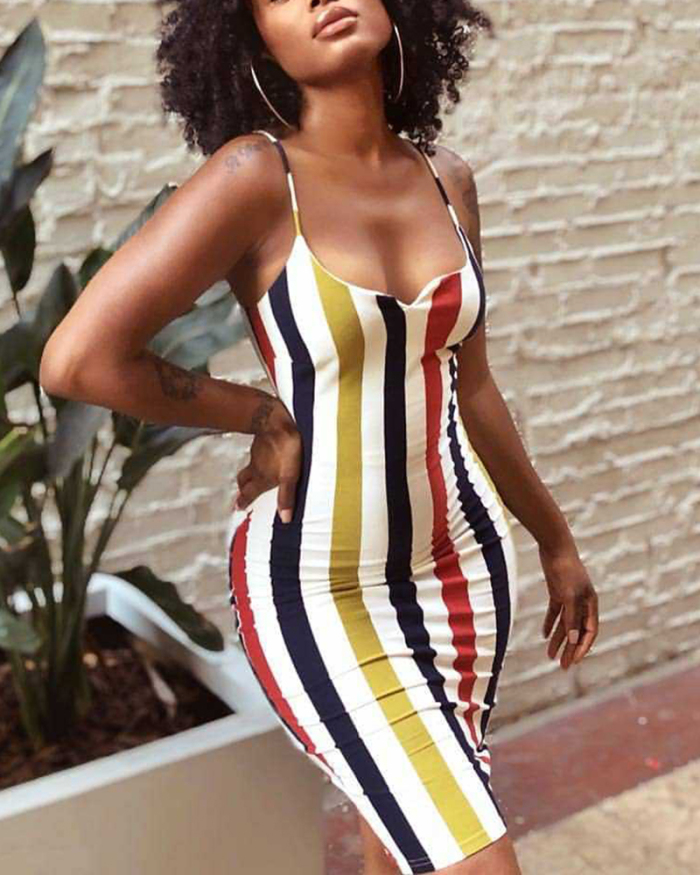 Lady Sexy Stripe Print Slip Dress S-XXL