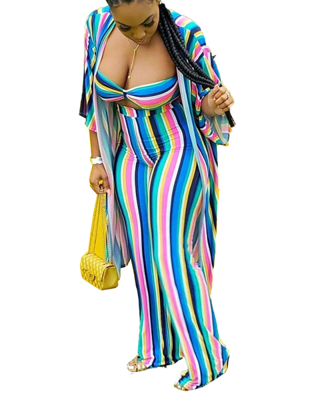 Lady Sexy Stripe Print Three-piece Set S-XL