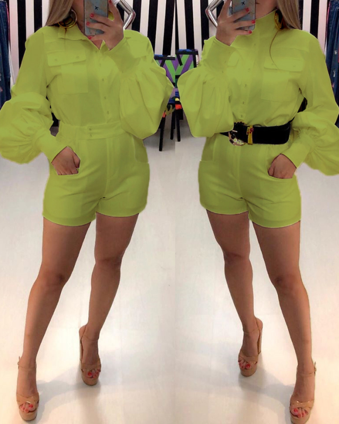 Lady Fashion Solid Color Flared Long-sleeved Romper S-XL