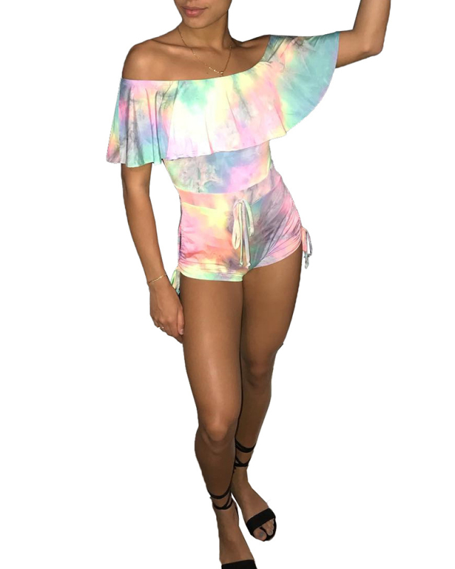 Lady Fashion Tie Dye Print Off-shoulder Flounce Ruffles Jumpsuit S-XXL