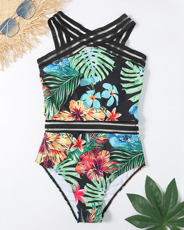 Lady Cross on Neck Florals One-piece Swimsuit S-XL