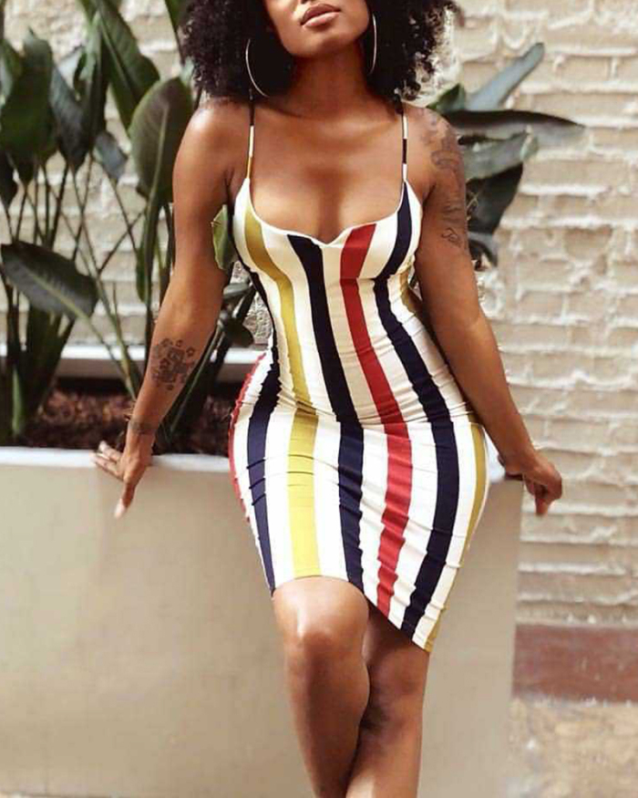 Lady Sexy Stripe Print Slip Dress S-XXL
