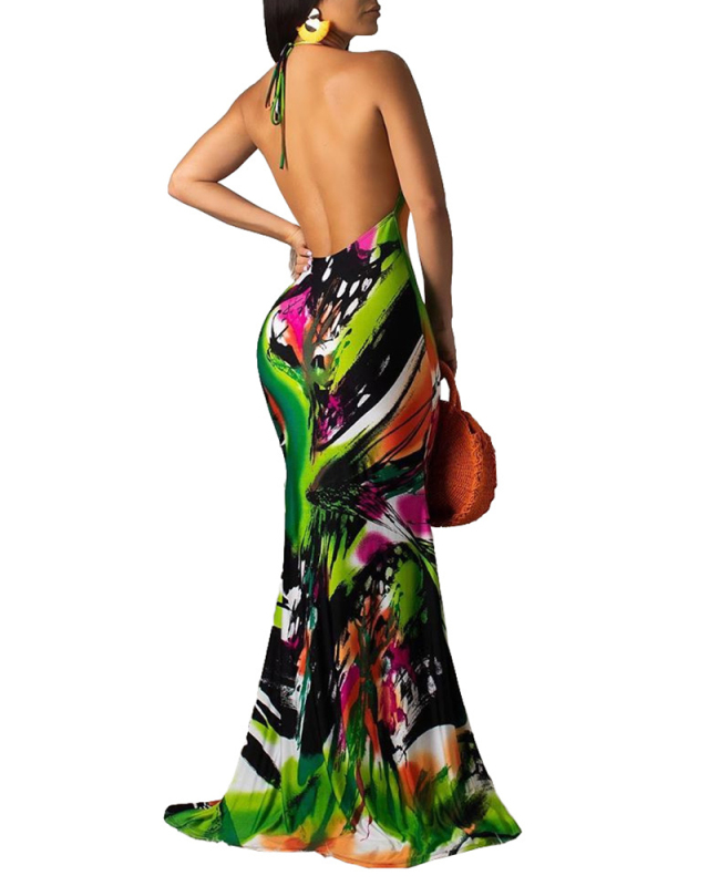 Lady Sexy Backless Pattern Print Dress S-XL