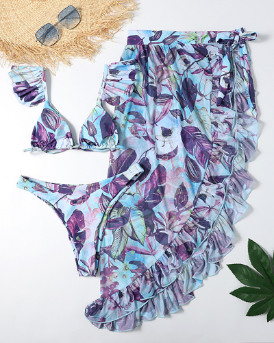 Lady Sexy Leaves Ruffles Three-piece Swimsuit S-L