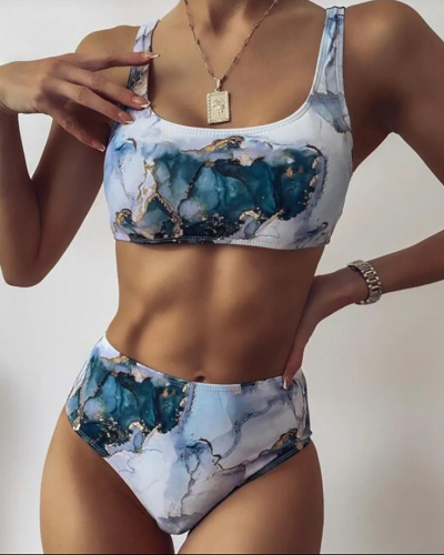 Lady Sexy High Waist Ink Paiting Two-piece Swimsuit S-L
