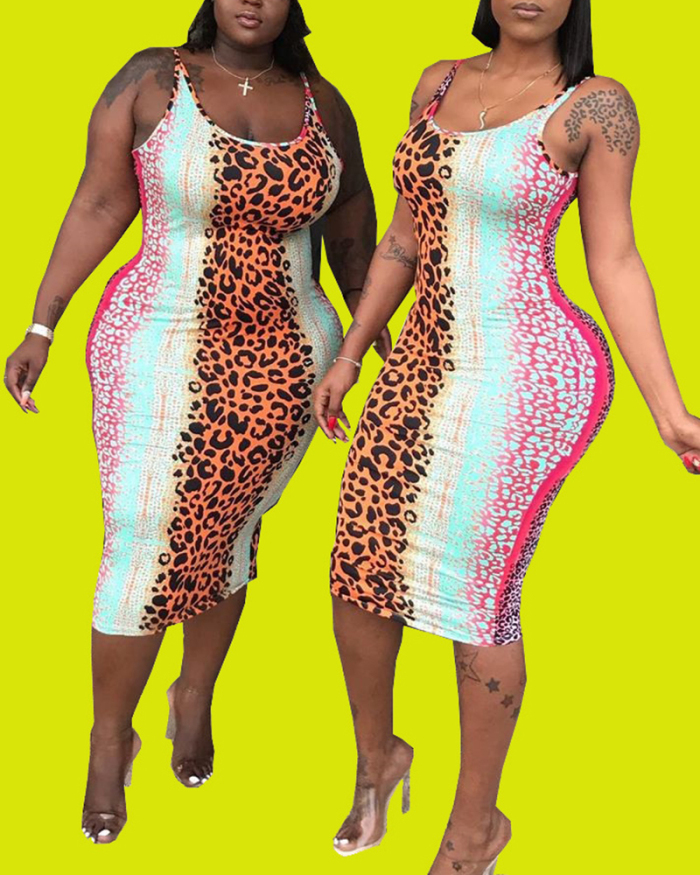 Lady Sexy Tight Stitching Color Leopard Print Sheath Dress S-XL