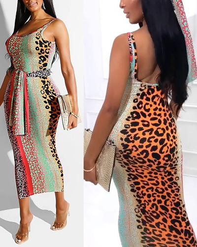 Lady Sexy Tight Stitching Color Leopard Print Sheath Dress S-XL