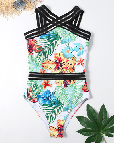 Lady Cross on Neck Florals One-piece Swimsuit S-XL