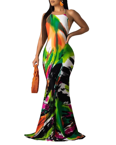 Lady Sexy Backless Pattern Print Dress S-XL