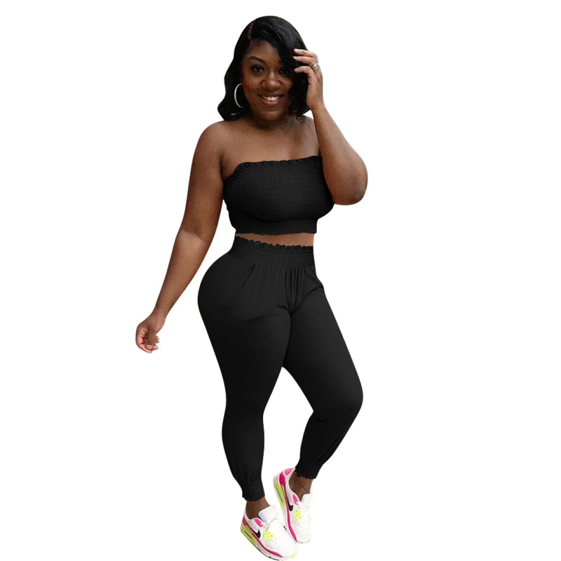 Ladies Women Strapless Two Piece Solid Color Pant Set