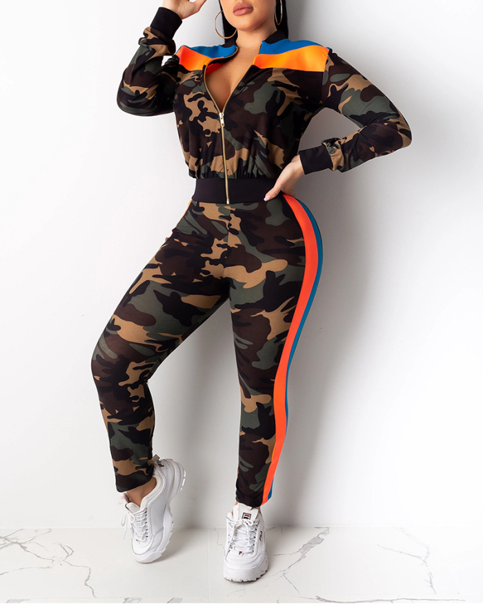 Lady Sexy Fashion Camouflage Print Zipper Jumpsuit S-XL