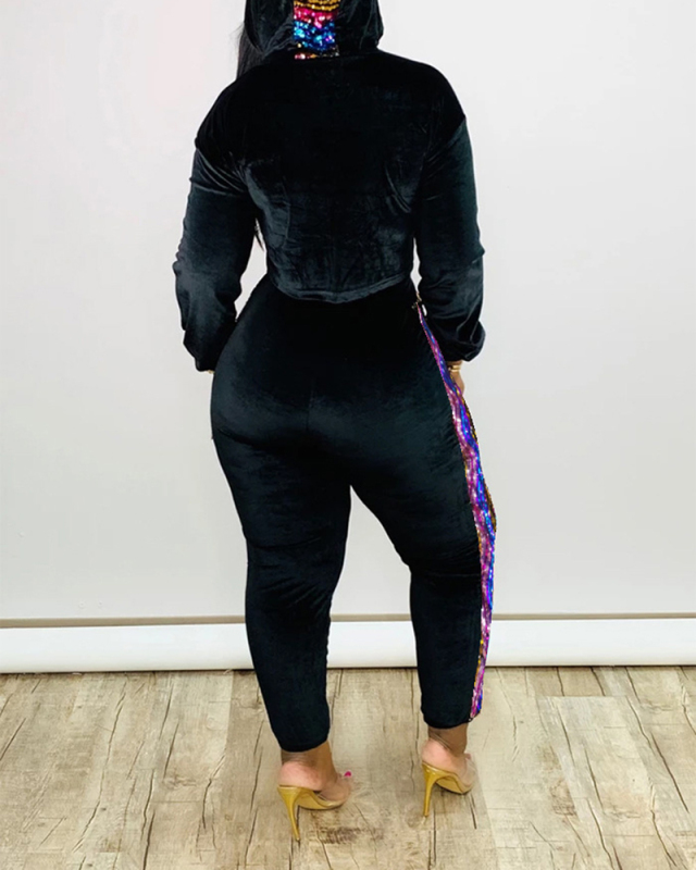 Lady Fashion Glitter Hooded Two pieces Long-sleeve Two-piece Set S-XL