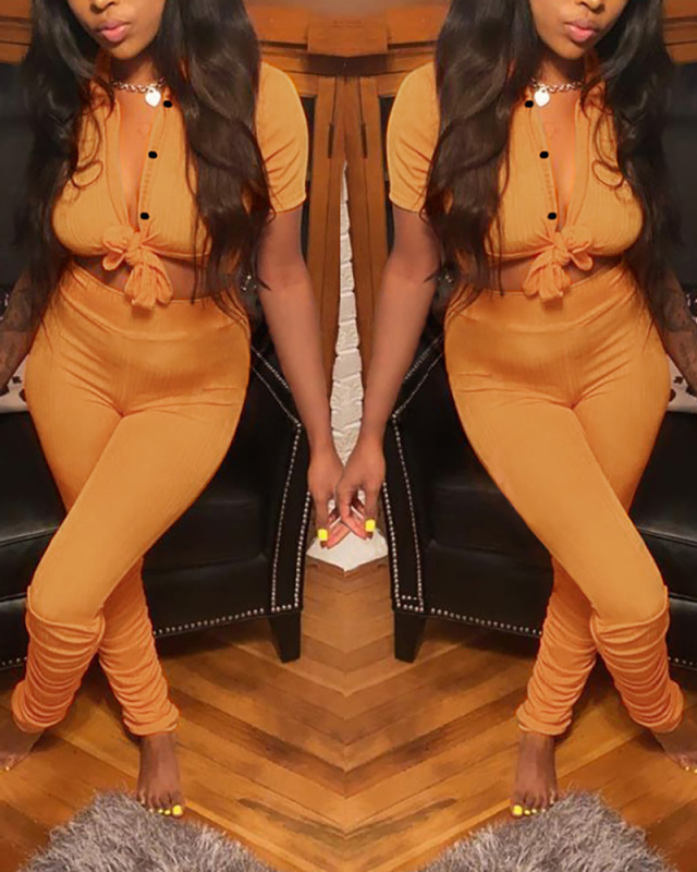 Lady Sexy Solid Color Turn-down Collar Knotted Top Two-piece Set Pants Set S-XXL