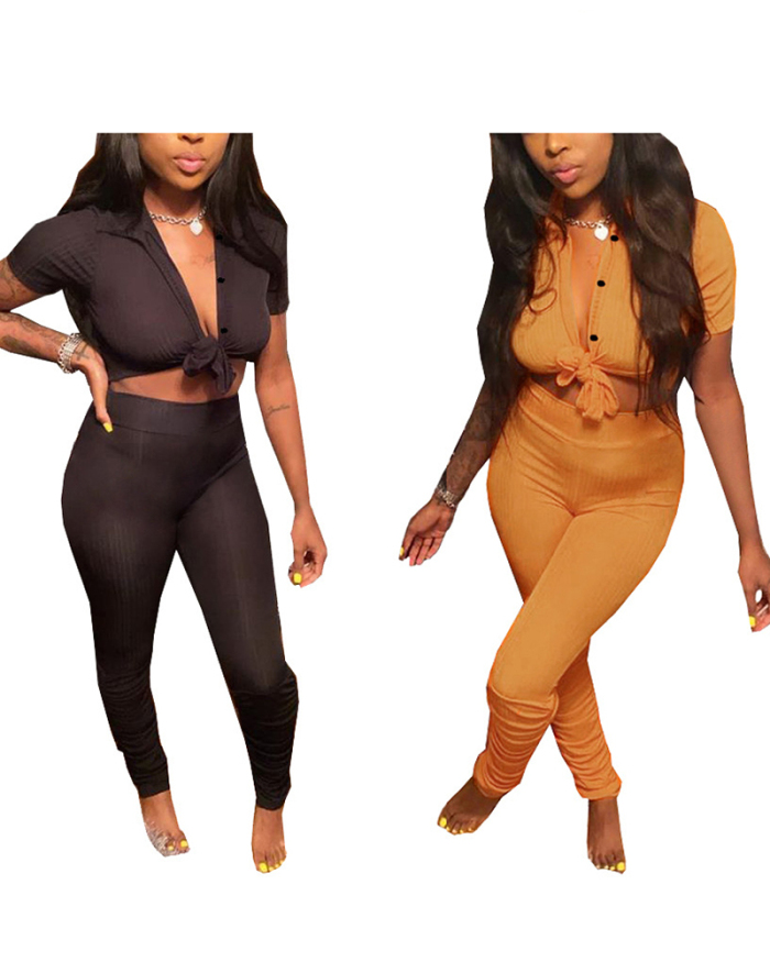 Lady Sexy Solid Color Turn-down Collar Knotted Top Two-piece Set Pants Set S-XXL