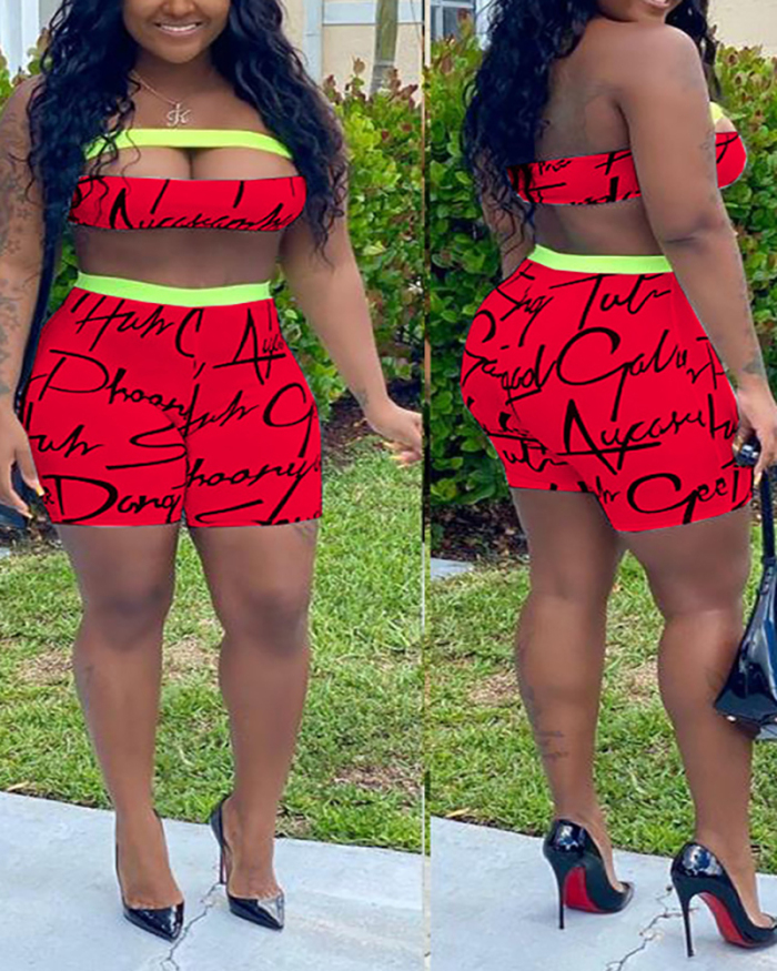 Lady Sexy Cute Strapless Top with Letter Print Shorts Two-piece Set Short Set S-XXL