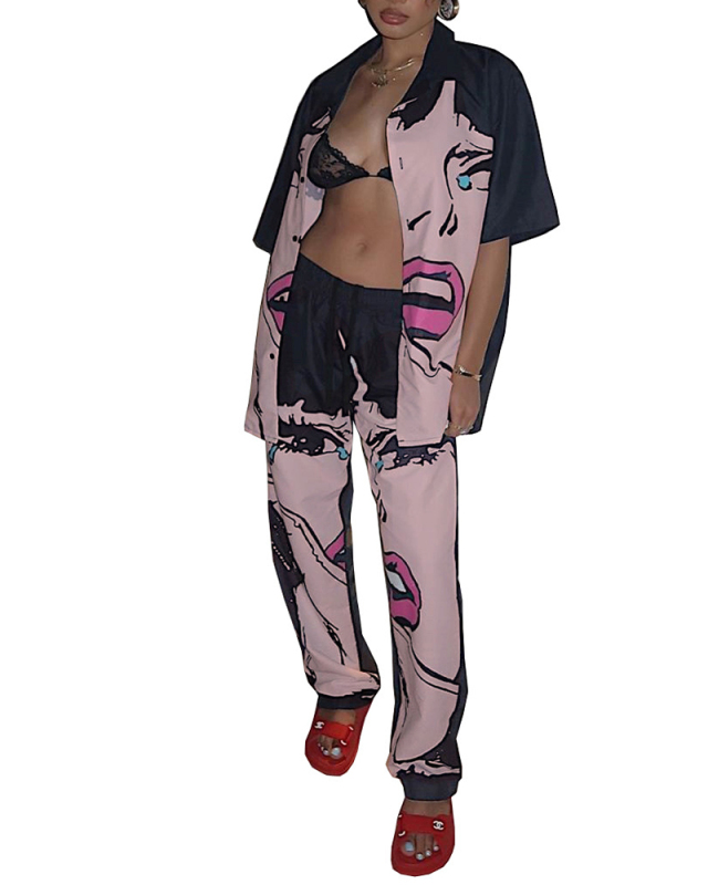 Lady Fashion Animation Pattern Print Two-piece Pants Set S-XL
