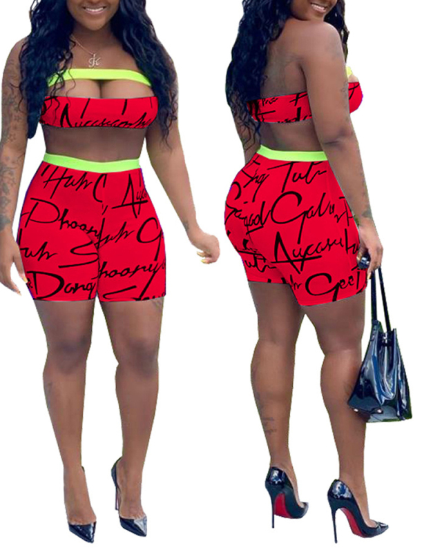 Lady Sexy Cute Strapless Top with Letter Print Shorts Two-piece Set Short Set S-XXL