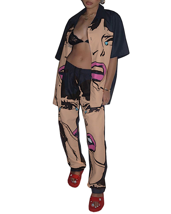 Lady Fashion Animation Pattern Print Two-piece Pants Set S-XL