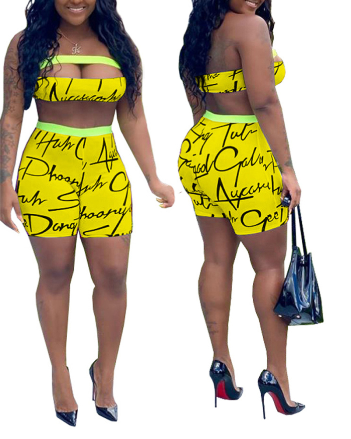 Lady Sexy Cute Strapless Top with Letter Print Shorts Two-piece Set Short Set S-XXL